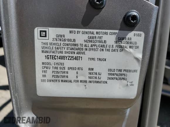 2000 GMC Sierra 1500 SL z VIN 1GTEC14V8YZ254071, wystawiony jako Copart lot #63815325 z przebiegiem 181 362 mil mil oraz Szkoda całkowita • Salvage title. Historia ofert i sprzedaży dostępna na DreamBid. Obrazek 13.