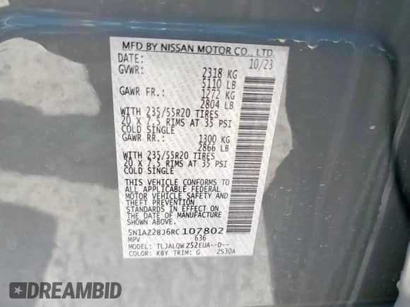 2024 Nissan Murano SV с VIN 5N1AZ2BJ6RC107802, выставлен на аукционе Copart как лот 62018345 с пробегом 45 миль миль и На запчасти • Non repairable. История ставок и продаж доступна на DreamBid. Изображение 13.