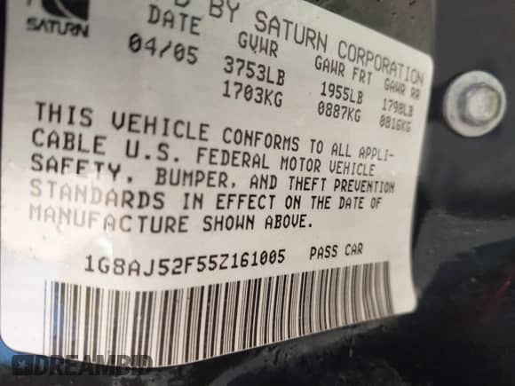 2005 Saturn ION ION 2 с VIN 1G8AJ52F55Z161005, выставлен на аукционе IAAI как лот 40937372 с пробегом 219 963 миль миль и . История ставок и продаж доступна на DreamBid. Изображение 9.