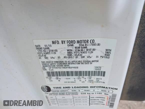 2013 Ford F-150 XL with VIN 1FTFW1ET4DFB21022, listed as a IAAI auction lot 42558457 with 223,338 mi miles and . Bid and sale history available at DreamBid. Image 9.