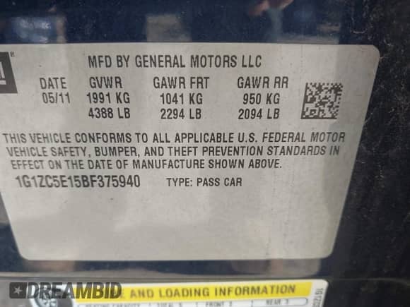 2011 Chevrolet Malibu 1LT z VIN 1G1ZC5E15BF375940, wystawiony jako IAAI lot #43594140 z przebiegiem 109 108 mil mil oraz . Historia ofert i sprzedaży dostępna na DreamBid. Obrazek 9.