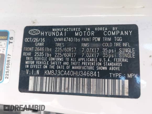 2017 Hyundai Tucson SE z VIN KM8J3CA40HU346841, wystawiony jako IAAI lot #42587422 z przebiegiem 188 530 mil mil oraz . Historia ofert i sprzedaży dostępna na DreamBid. Obrazek 9.