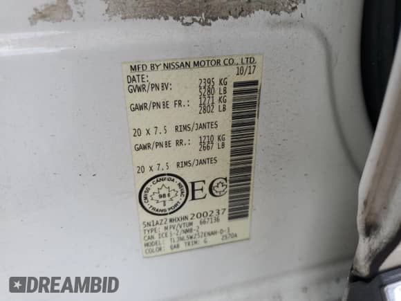 2017 Nissan Murano SL with VIN 5N1AZ2MHXHN200237, listed as a Copart auction lot 69740235 with 106,604 mi miles and Salvage title. Bid and sale history available at DreamBid. Image 13.