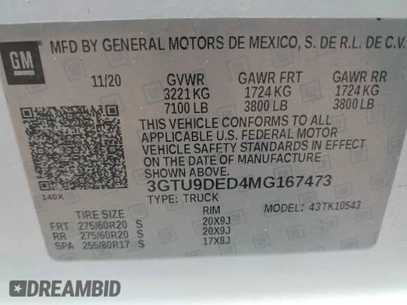 2021 GMC Sierra 1500 SLT with VIN 3GTU9DED4MG167473, listed as a IAAI auction lot 42933120 with 89,701 mi miles and . Bid and sale history available at DreamBid. Image 9.