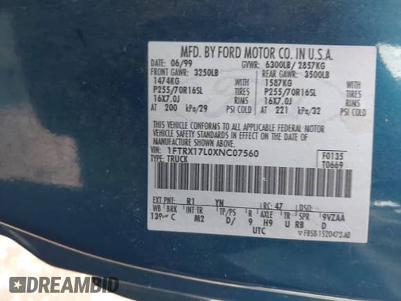 1999 Ford F-150 XL with VIN 1FTRX17L0XNC07560, listed as a IAAI auction lot 42183858 with Not provided miles and . Bid and sale history available at DreamBid. Image 9.