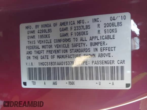 2010 Honda Accord LX-S with VIN 1HGCS1B31AA015379, listed as a IAAI auction lot 43425320 with 203,303 mi miles and . Bid and sale history available at DreamBid. Image 9.