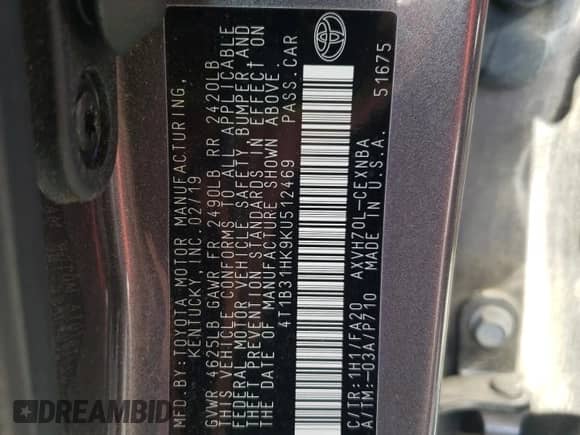 2019 Toyota Camry Hybrid LE z VIN 4T1B31HK9KU512469, wystawiony jako Copart lot #85112345 z przebiegiem 83 416 mil mil oraz Szkoda całkowita • Salvage title. Historia ofert i sprzedaży dostępna na DreamBid. Obrazek 12.