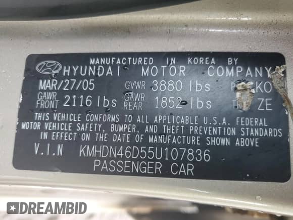 2005 Hyundai Elantra GLS с VIN KMHDN46D55U107836, выставлен на аукционе Copart как лот 81861535 с пробегом 52 893 миль миль и Чистый • Clean title. История ставок и продаж доступна на DreamBid. Изображение 12.