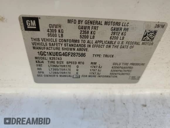 2016 Chevrolet Silverado 2500HD Work Truck with VIN 1GC1KUEG4GF287586, listed as a Copart auction lot 62509015 with 191,475 mi miles and Salvage title. Bid and sale history available at DreamBid. Image 12.
