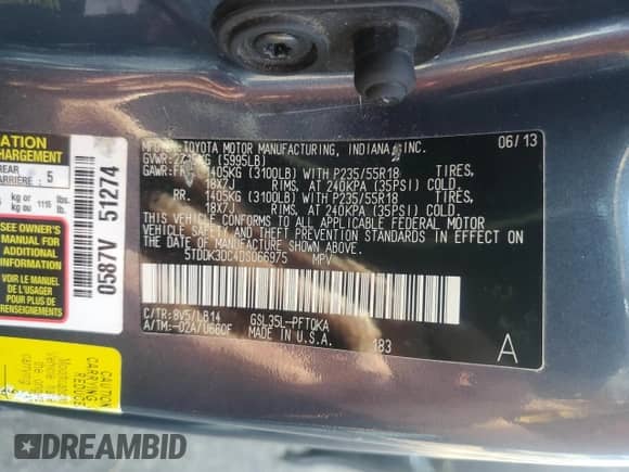 2013 Toyota Sienna XLE with VIN 5TDDK3DC4DS066975, listed as a Copart auction lot 65800415 with 136,892 mi miles and Salvage title. Bid and sale history available at DreamBid. Image 13.