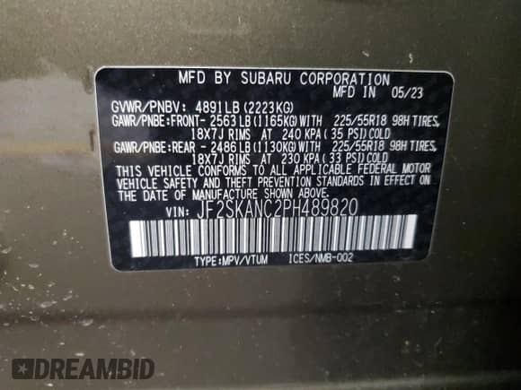 2023 Subaru Forester Limited z VIN JF2SKANC2PH489820, wystawiony jako Copart lot #64846145 z przebiegiem Nie podano mil oraz Szkoda całkowita • Salvage title. Historia ofert i sprzedaży dostępna na DreamBid. Obrazek 13.