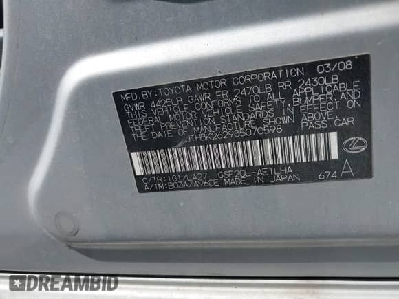 2008 Lexus IS 250 с VIN JTHBK262985070598, выставлен на аукционе IAAI как лот 43139915 с пробегом 138 923 миль миль и . История ставок и продаж доступна на DreamBid. Изображение 9.