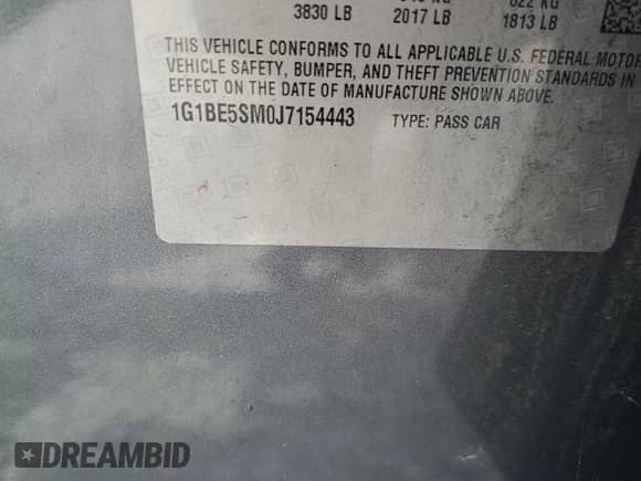 2018 Chevrolet Cruze LT с VIN 1G1BE5SM0J7154443, выставлен на аукционе Copart как лот 63245905 с пробегом 149 661 миль миль и Списание • Salvage title. История ставок и продаж доступна на DreamBid. Изображение 12.