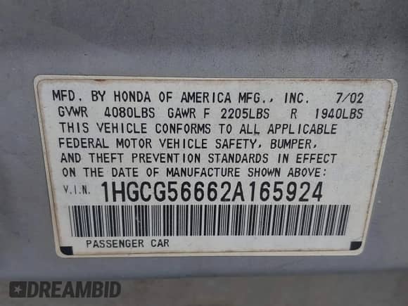 2002 Honda Accord EX with VIN 1HGCG56662A165924, listed as a IAAI auction lot 42681271 with 276,532 mi miles and . Bid and sale history available at DreamBid. Image 9.