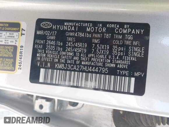 2017 Hyundai Tucson Eco с VIN KM8J3CA27HU444795, выставлен на аукционе IAAI как лот 42615657 с пробегом 139 599 миль миль и . История ставок и продаж доступна на DreamBid. Изображение 9.