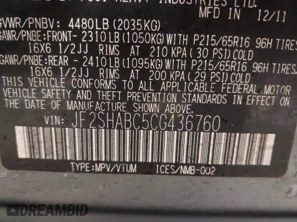 2012 Subaru Forester X с VIN JF2SHABC5CG436760, выставлен на аукционе IAAI как лот 41405141 с пробегом 146 556 миль миль и . История ставок и продаж доступна на DreamBid. Изображение 9.