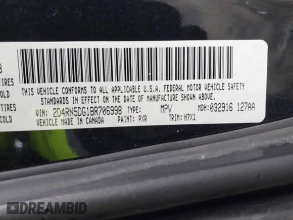 2011 Dodge Grand Caravan Crew with VIN 2D4RN5DG1BR706998, listed as a IAAI auction lot 43323311 with 198,117 mi miles and . Bid and sale history available at DreamBid. Image 9.