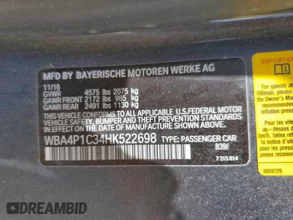 2017 BMW 4 Series 440i with VIN WBA4P1C34HK522698, listed as a Copart auction lot 61084955 with Not provided miles and Salvage title. Bid and sale history available at DreamBid. Image 12.