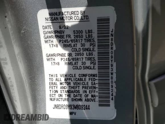 2003 Nissan Pathfinder LE with VIN JN8DR09Y93W809244, listed as a Copart auction lot 65850995 with 168,938 mi miles and Salvage title. Bid and sale history available at DreamBid. Image 13.