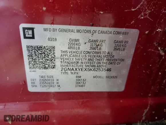 2019 Chevrolet Equinox Premier с VIN 2GNAXYEX5K6253546, выставлен на аукционе Copart как лот 85109385 с пробегом 22 318 миль миль и Чистый • Clean title. История ставок и продаж доступна на DreamBid. Изображение 13.