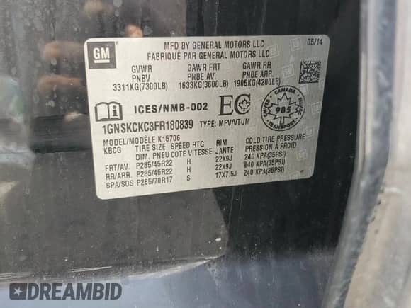 2015 Chevrolet Tahoe LTZ с VIN 1GNSKCKC3FR180839, выставлен на аукционе Copart как лот 84418555 с пробегом Не указан миль и На запчасти • Non repairable. История ставок и продаж доступна на DreamBid. Изображение 13.