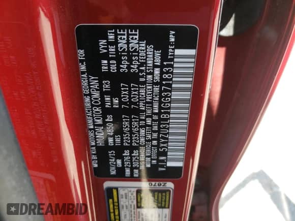 2016 Hyundai Santa Fe с VIN 5XYZU3LB1GG371831, выставлен на аукционе Copart как лот 68964415 с пробегом 104 829 миль миль и Списание • Salvage title. История ставок и продаж доступна на DreamBid. Изображение 13.