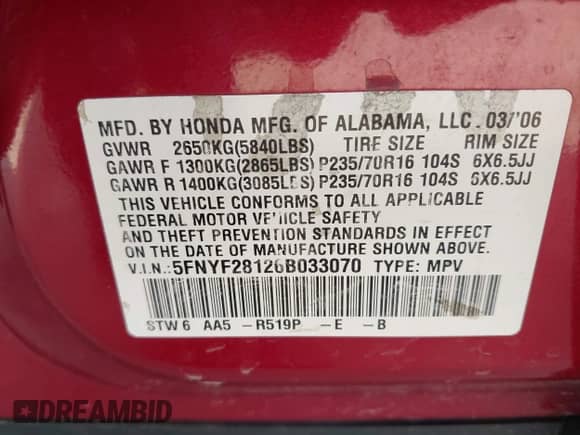 2006 Honda Pilot LX с VIN 5FNYF28126B033070, выставлен на аукционе IAAI как лот 42967252 с пробегом 207 472 миль миль и . История ставок и продаж доступна на DreamBid. Изображение 9.