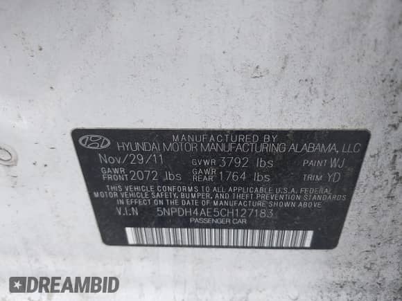 2012 Hyundai Elantra Limited with VIN 5NPDH4AE5CH127183, listed as a IAAI auction lot 42574229 with 142,991 mi miles and . Bid and sale history available at DreamBid. Image 9.