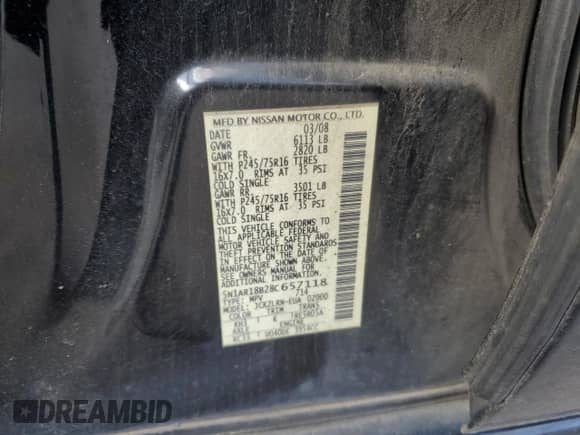 2008 Nissan Pathfinder SE z VIN 5N1AR18B28C657118, wystawiony jako Copart lot #52182545 z przebiegiem 143 493 mil mil oraz Czysty tytuł • Clean title. Historia ofert i sprzedaży dostępna na DreamBid. Obrazek 13.