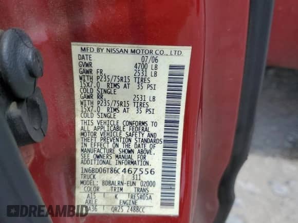 2006 Nissan Frontier XE with VIN 1N6BD06T86C467556, listed as a Copart auction lot 61134245 with 202,236 mi miles and Salvage title. Bid and sale history available at DreamBid. Image 12.