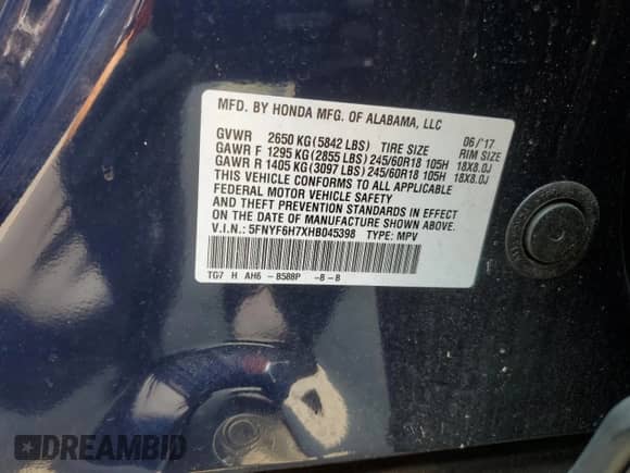 2017 Honda Pilot EX-L z VIN 5FNYF6H7XHB045398, wystawiony jako Copart lot #66932885 z przebiegiem 76 101 mil mil oraz Szkoda całkowita • Salvage title. Historia ofert i sprzedaży dostępna na DreamBid. Obrazek 13.