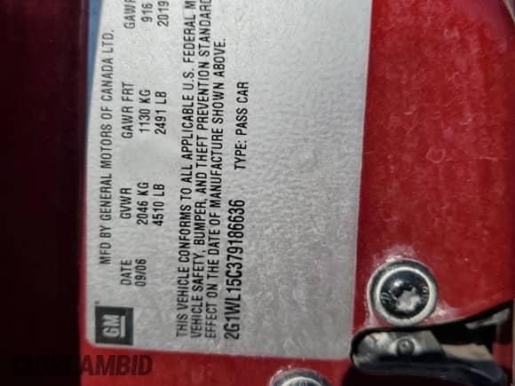 2007 Chevrolet Monte Carlo SS с VIN 2G1WL15C379186636, выставлен на аукционе Copart как лот 77616774 с пробегом 87 831 миль миль и Списание • Salvage title. История ставок и продаж доступна на DreamBid. Изображение 12.