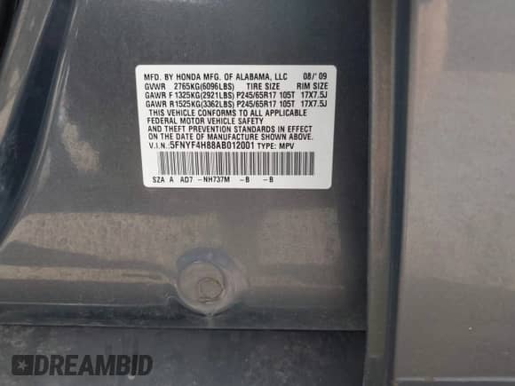 2010 Honda Pilot Touring with VIN 5FNYF4H88AB012001, listed as a IAAI auction lot 42635771 with 287,115 mi miles and . Bid and sale history available at DreamBid. Image 9.
