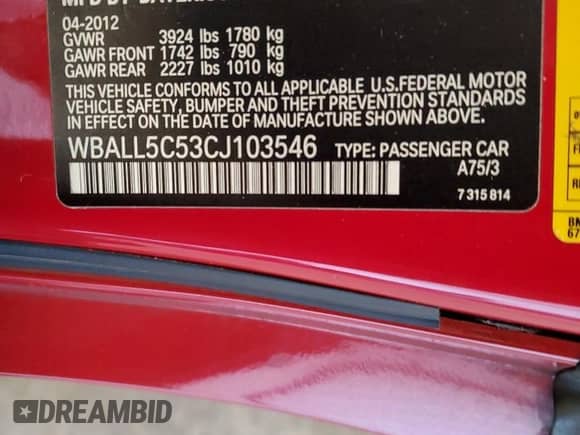 2012 BMW Z4 sDrive28i с VIN WBALL5C53CJ103546, выставлен на аукционе Copart как лот 62363535 с пробегом 60 626 миль миль и Чистый • Clean title. История ставок и продаж доступна на DreamBid. Изображение 12.