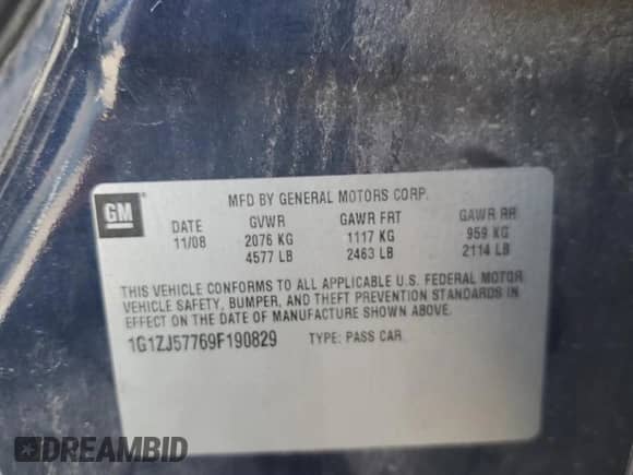 2009 Chevrolet Malibu 2LT с VIN 1G1ZJ57769F190829, выставлен на аукционе Copart как лот 81854315 с пробегом Не указан миль и Списание • Salvage title. История ставок и продаж доступна на DreamBid. Изображение 12.