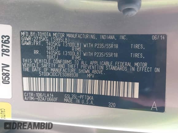 2014 Toyota Sienna Limited с VIN 5TDDK3DC7ES088938, выставлен на аукционе IAAI как лот 41885658 с пробегом 105 758 миль миль и . История ставок и продаж доступна на DreamBid. Изображение 9.