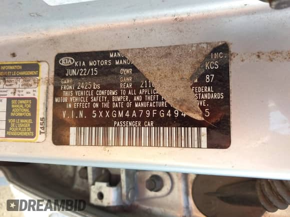 2015 Kia Optima LX with VIN 5XXGM4A79FG494095, listed as a IAAI auction lot 43364147 with 81,741 mi miles and . Bid and sale history available at DreamBid. Image 12.