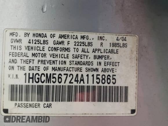 2004 Honda Accord EX with VIN 1HGCM56724A115865, listed as a Copart auction lot 86670555 with 225,655 mi miles and Salvage title. Bid and sale history available at DreamBid. Image 12.