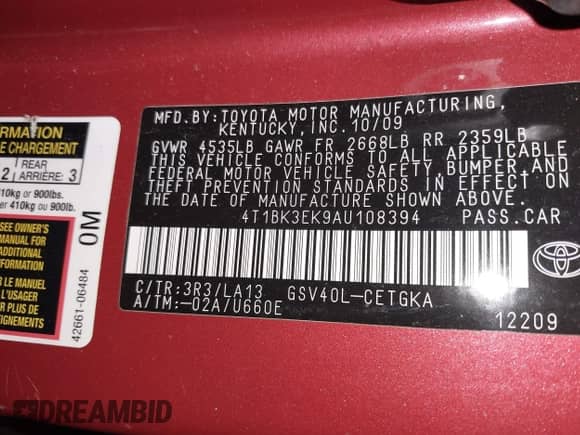 2010 Toyota Camry XLE with VIN 4T1BK3EK9AU108394, listed as a IAAI auction lot 43043293 with 191,906 mi miles and . Bid and sale history available at DreamBid. Image 9.