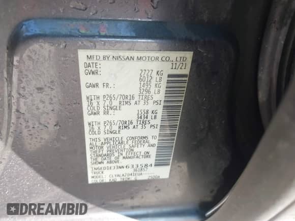 2022 Nissan Frontier S with VIN 1N6ED1EJ3NN633584, listed as a IAAI auction lot 43409367 with 99,897 mi miles and . Bid and sale history available at DreamBid. Image 9.