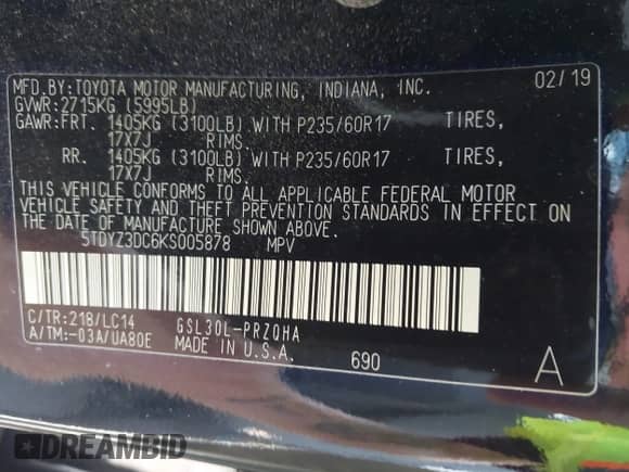 2019 Toyota Sienna XLE Auto Access Seat with VIN 5TDYZ3DC6KS005878, listed as a IAAI auction lot 42760886 with 79,914 mi miles and . Bid and sale history available at DreamBid. Image 9.