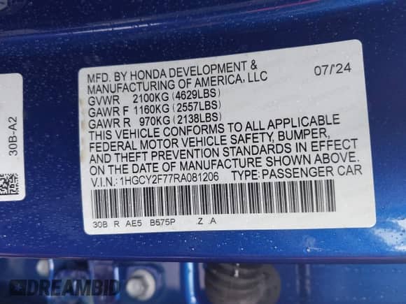 2024 Honda Accord Sport-L z VIN 1HGCY2F77RA081206, wystawiony jako IAAI lot #43174729 z przebiegiem 1 048 mil mil oraz . Historia ofert i sprzedaży dostępna na DreamBid. Obrazek 9.
