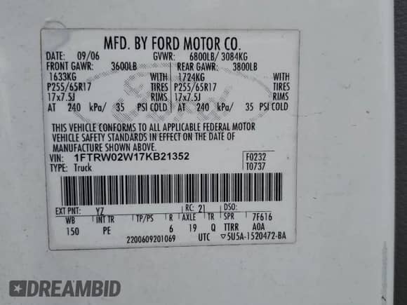 2007 Ford F-150 XLT с VIN 1FTRW02W17KB21352, выставлен на аукционе Copart как лот 83563024 с пробегом 234 173 миль миль и Списание • Salvage title. История ставок и продаж доступна на DreamBid. Изображение 12.