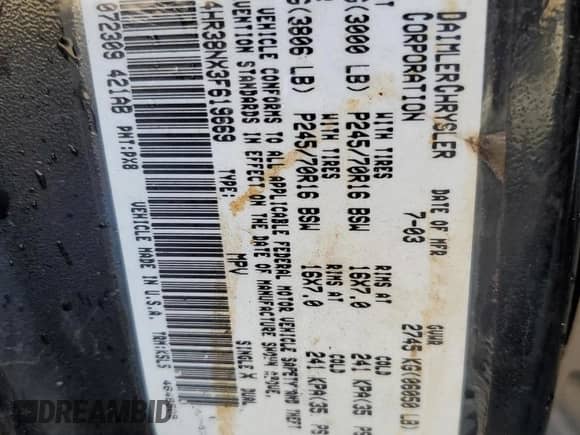 2003 Dodge Durango Sport with VIN 1D4HR38NX3F619669, listed as a Copart auction lot 80256574 with Not provided miles and Non repairable. Bid and sale history available at DreamBid. Image 13.