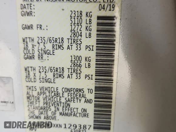 2019 Nissan Murano S с VIN 5N1AZ2MJXKN129387, выставлен на аукционе Copart как лот 81436805 с пробегом 83 745 миль миль и Списание • Salvage title. История ставок и продаж доступна на DreamBid. Изображение 14.