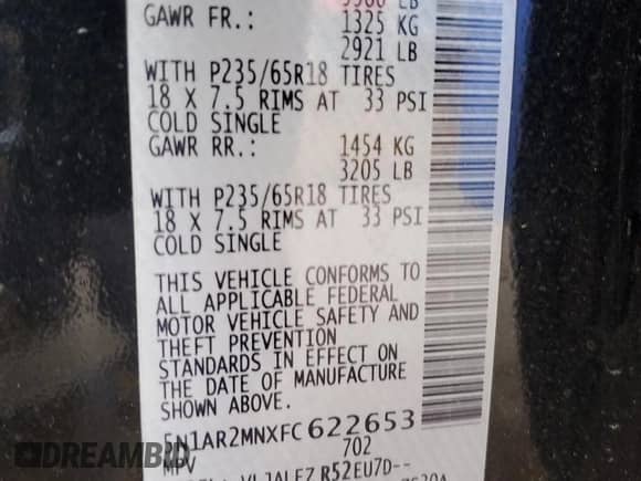 2015 Nissan Pathfinder SV с VIN 5N1AR2MNXFC622653, выставлен на аукционе Copart как лот 62536755 с пробегом 153 318 миль миль и Списание • Salvage title. История ставок и продаж доступна на DreamBid. Изображение 12.