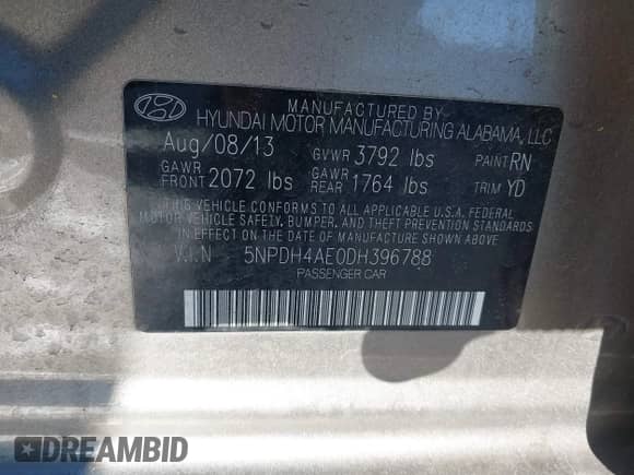 2013 Hyundai Elantra GLS with VIN 5NPDH4AE0DH396788, listed as a IAAI auction lot 41216205 with 40,749 mi miles and . Bid and sale history available at DreamBid. Image 9.