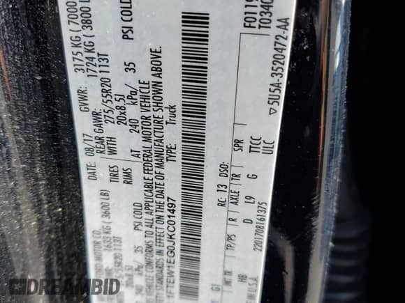 2018 Ford F-150 XL с VIN 1FTEW1EG0JKC01497, выставлен на аукционе Copart как лот 65596225 с пробегом 131 371 миль миль и Списание • Salvage title. История ставок и продаж доступна на DreamBid. Изображение 12.