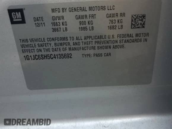 2012 Chevrolet Sonic LT с VIN 1G1JC6SH5C4135692, выставлен на аукционе Copart как лот 65782975 с пробегом 151 236 миль миль и Списание • Salvage title. История ставок и продаж доступна на DreamBid. Изображение 12.
