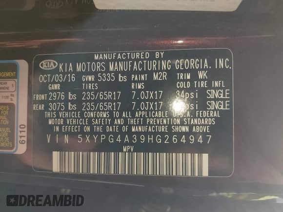 2017 Kia Sorento LX with VIN 5XYPG4A39HG264947, listed as a IAAI auction lot 43532583 with 99,559 mi miles and . Bid and sale history available at DreamBid. Image 9.